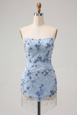 Dusty Blue Tight Sequins Floral Sparkly Short Homecoming Dress with Fringes