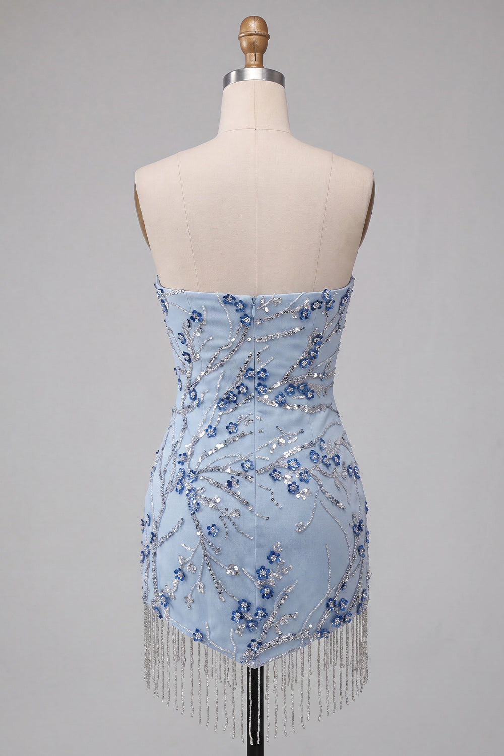 Dusty Blue Tight Sequins Floral Sparkly Short Homecoming Dress with Fringes