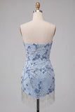 Dusty Blue Tight Sequins Floral Sparkly Short Homecoming Dress with Fringes