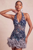 Floral Navy Tight Halter Beaded Sparkly Short Ruffled Homecoming Dress