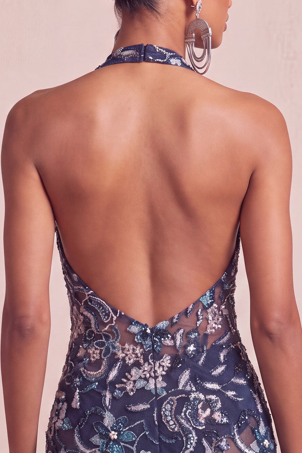 Floral Navy Tight Halter Beaded Sparkly Short Ruffled Homecoming Dress