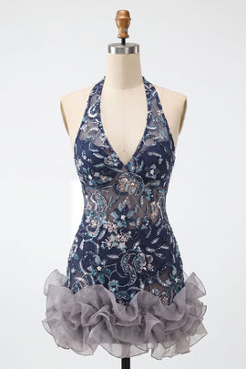 Floral Navy Tight Halter Beaded Sparkly Short Ruffled Homecoming Dress