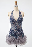 Floral Navy Tight Halter Beaded Sparkly Short Ruffled Homecoming Dress