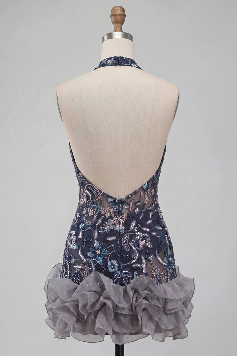 Floral Navy Tight Halter Beaded Sparkly Short Ruffled Homecoming Dress