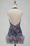 Floral Navy Tight Halter Beaded Sparkly Short Ruffled Homecoming Dress