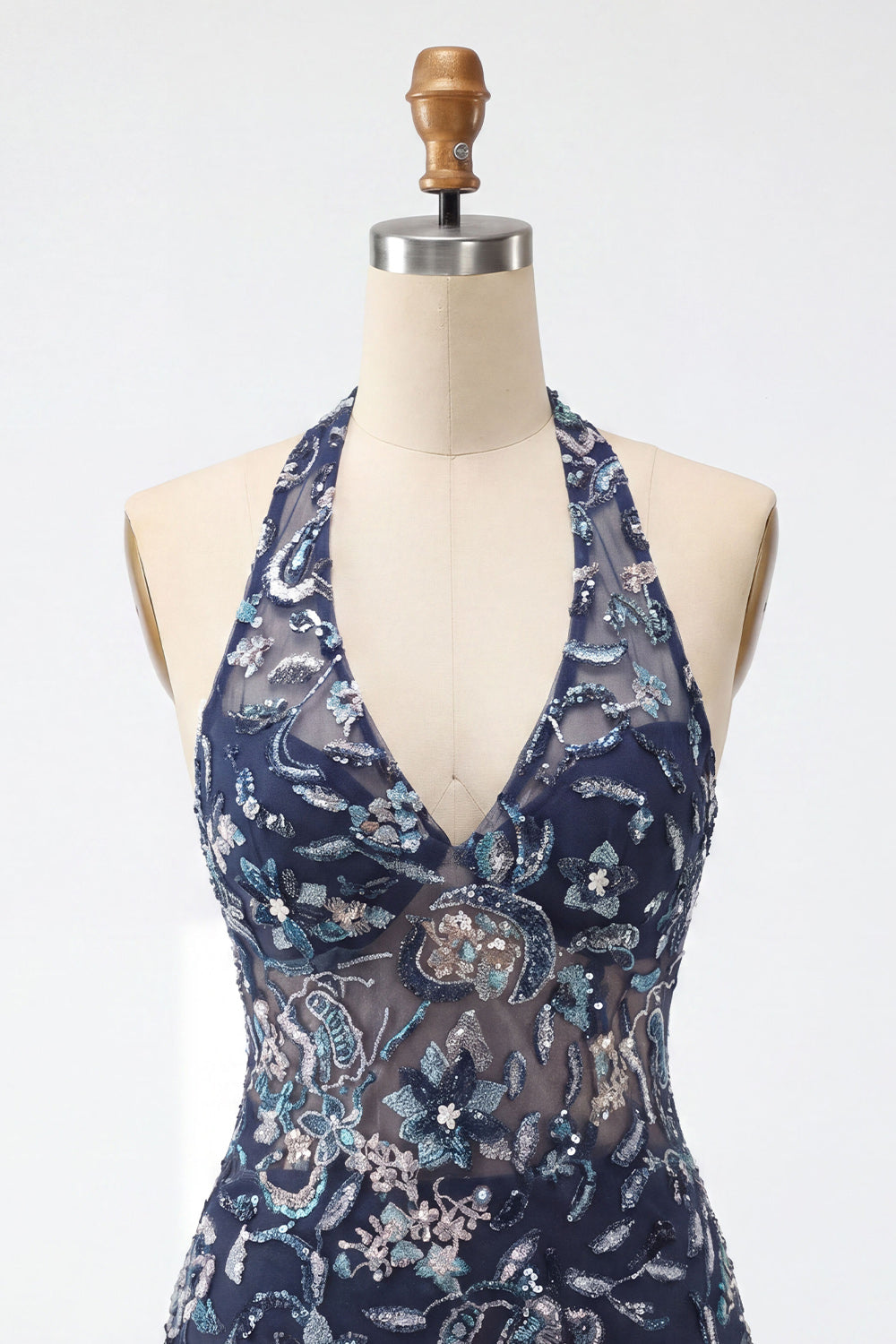 Floral Navy Tight Halter Beaded Sparkly Short Ruffled Homecoming Dress