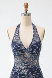 Floral Navy Tight Halter Beaded Sparkly Short Ruffled Homecoming Dress