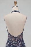 Floral Navy Tight Halter Beaded Sparkly Short Ruffled Homecoming Dress