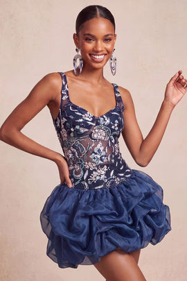 Navy Bubble A Line Floral Ruffled Beaded Sparkly Mini Homecoming Dress