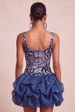 Navy A Line Floral Ruffled Thick Strap Beaded Sparkly Mini Homecoming Dress