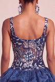 Navy A Line Floral Ruffled Thick Strap Beaded Sparkly Mini Homecoming Dress