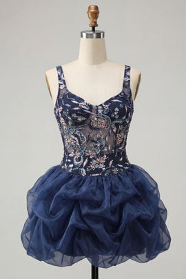 Navy A Line Floral Ruffled Thick Strap Beaded Sparkly Mini Homecoming Dress