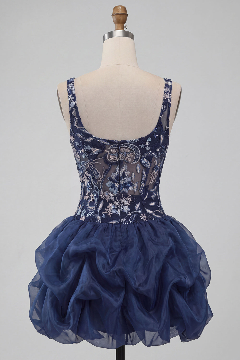 Navy A Line Floral Ruffled Thick Strap Beaded Sparkly Mini Homecoming Dress