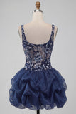 Navy A Line Floral Ruffled Thick Strap Beaded Sparkly Mini Homecoming Dress