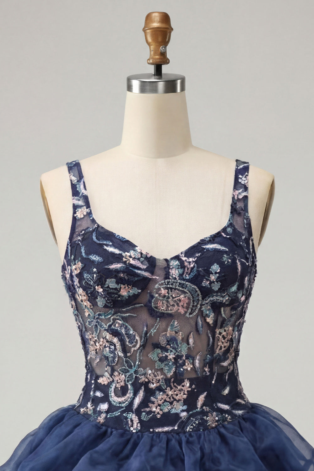 Navy A Line Floral Ruffled Thick Strap Beaded Sparkly Mini Homecoming Dress