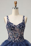Navy A Line Floral Ruffled Thick Strap Beaded Sparkly Mini Homecoming Dress