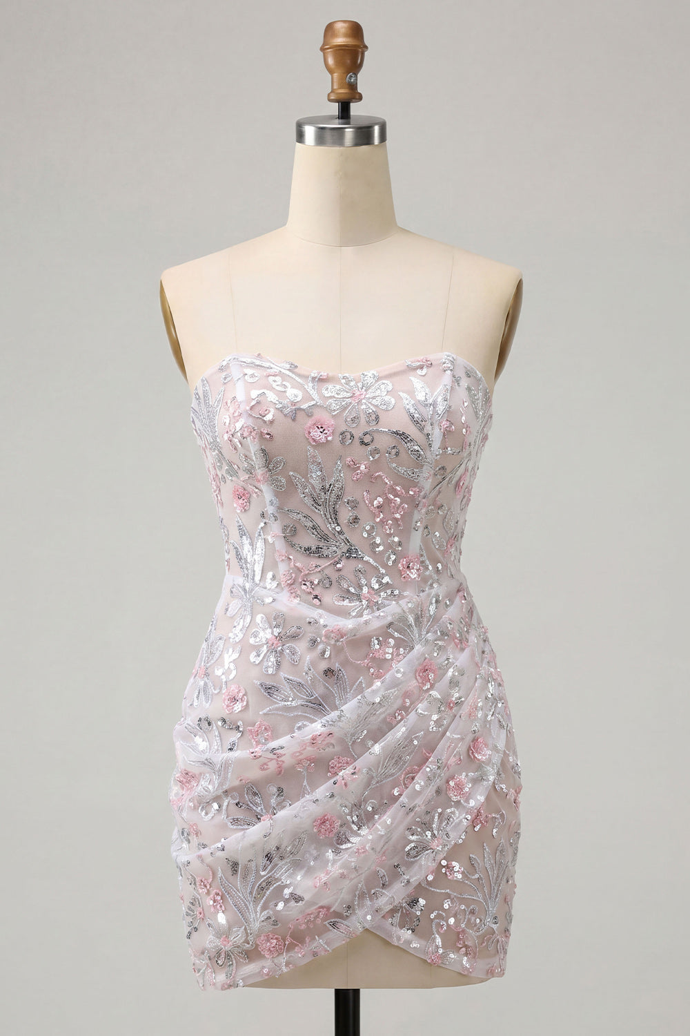 Blush Sparkly Corset Floral Tight Ruched Sequins Short Homecoming Dress
