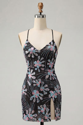 Black Tight Sparkly Floral Sequins Short Homecoming Dress with Slit