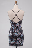 Black Tight Sparkly Floral Sequins Short Homecoming Dress with Slit