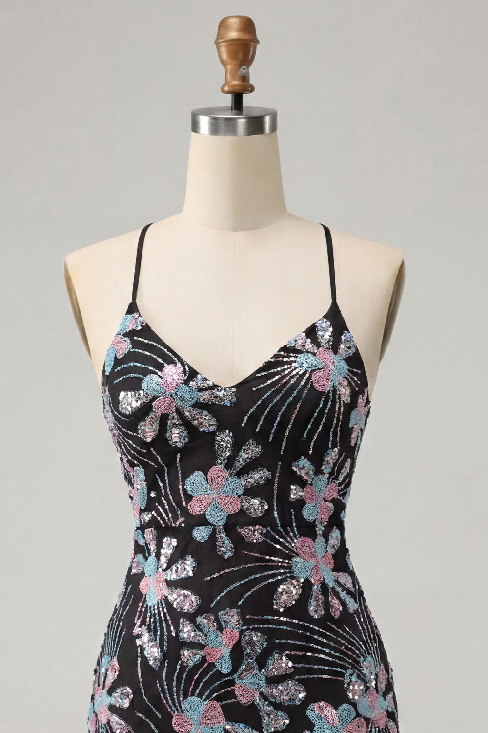 Black Tight Sparkly Floral Sequins Short Homecoming Dress with Slit