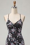 Black Tight Sparkly Floral Sequins Short Homecoming Dress with Slit