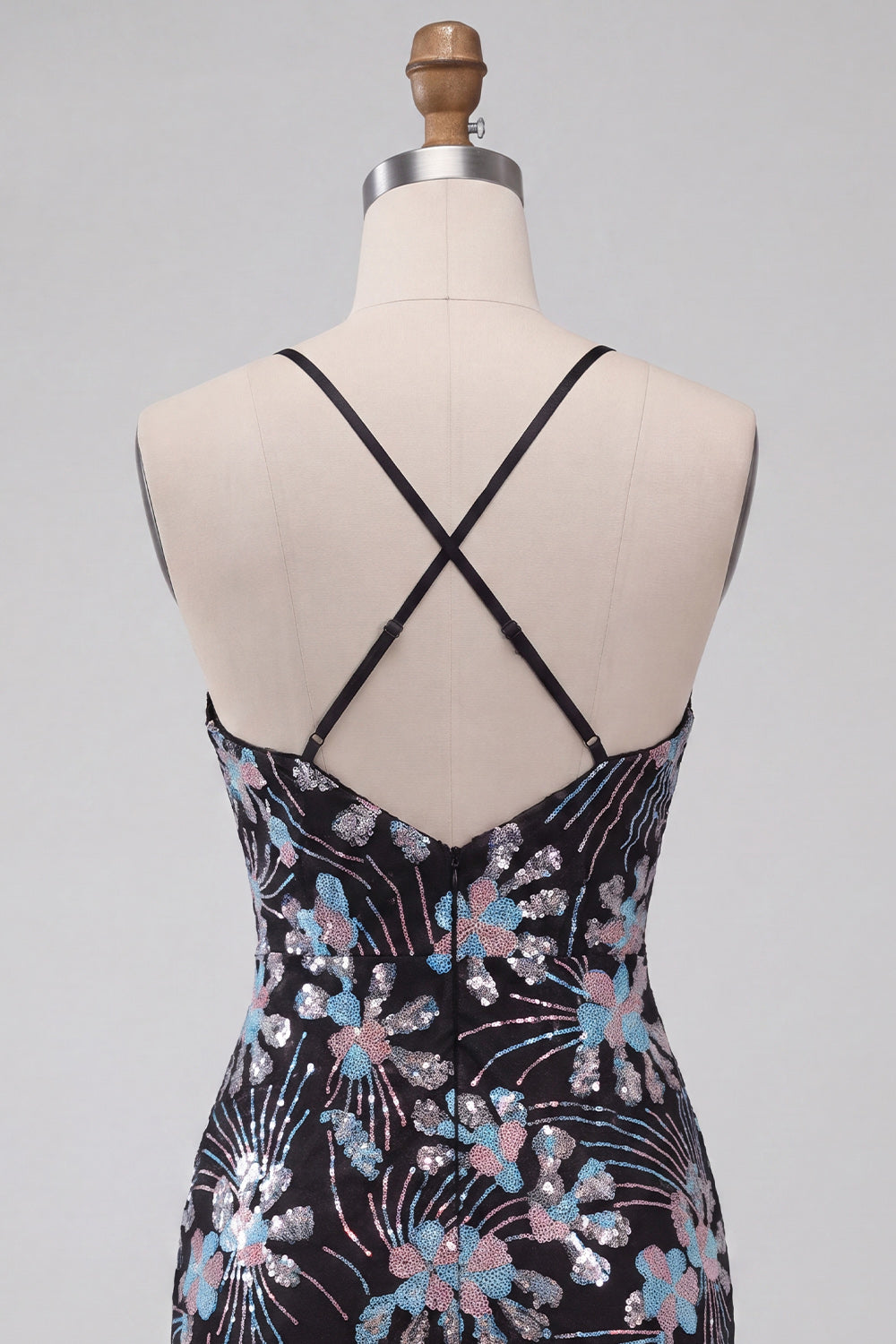 Black Tight Sparkly Floral Sequins Short Homecoming Dress with Slit