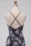 Black Tight Sparkly Floral Sequins Short Homecoming Dress with Slit