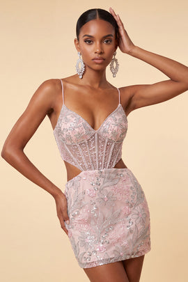 Floral Blush Tight Cut Out Sparkly Short Corset Homecoming Dress