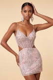 Blush Tight Floral Corset Sparkly Short Homecoming Dress