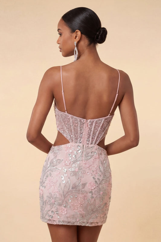 Floral Blush Tight Cut Out Sparkly Short Corset Homecoming Dress