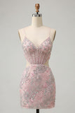 Blush Tight Floral Corset Sparkly Short Homecoming Dress