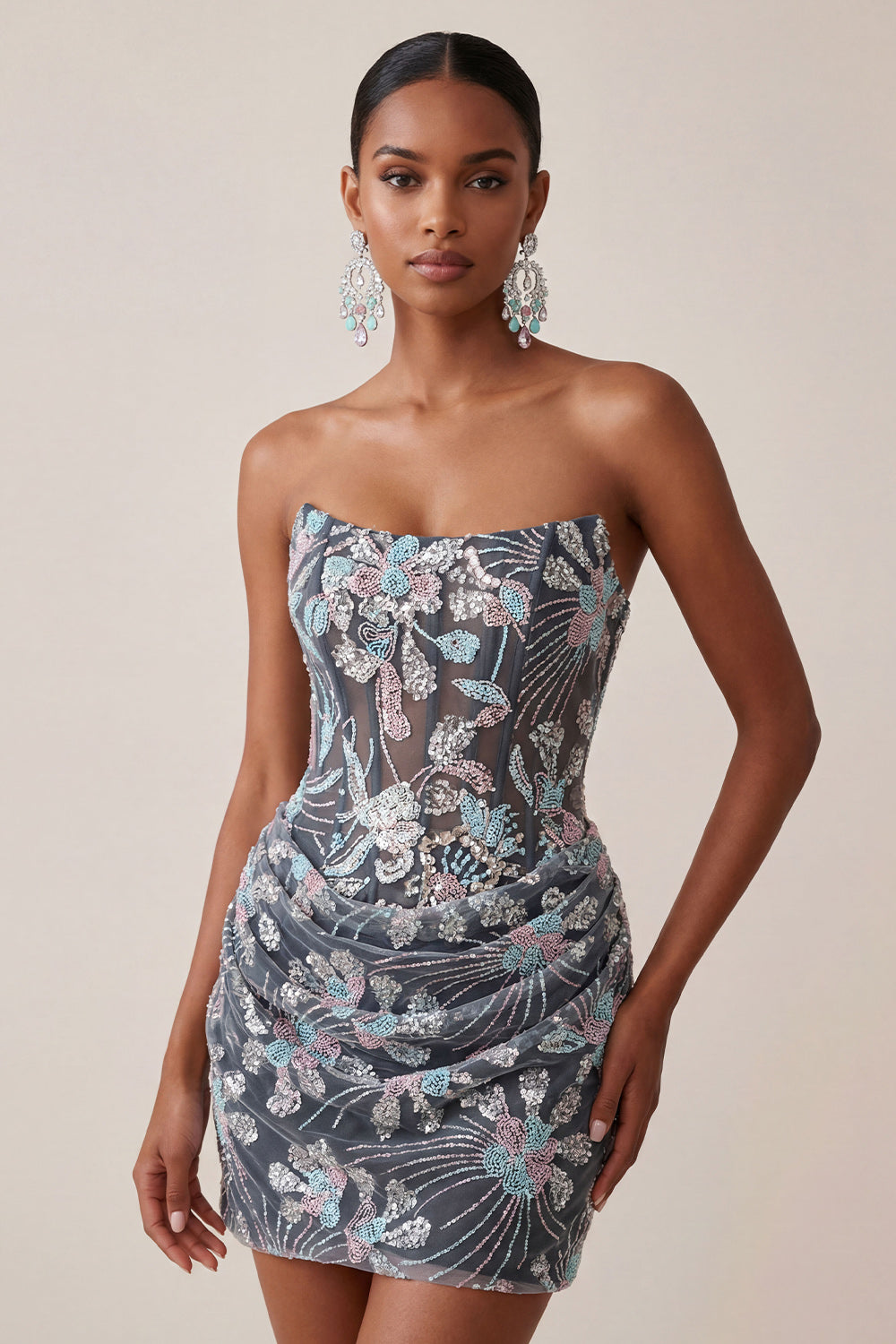 Dark Grey Corset Strapless Floral Sparkly Draped Tight Short Homecoming Dress