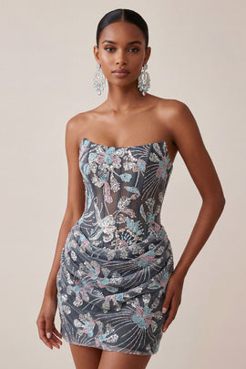 Dark Grey Corset Strapless Floral Sparkly Draped Tight Short Homecoming Dress