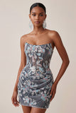 Dark Grey Corset Strapless Floral Sparkly Draped Tight Short Homecoming Dress