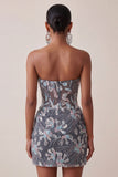 Dark Grey Corset Strapless Floral Sparkly Draped Tight Short Homecoming Dress