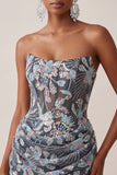 Dark Grey Corset Strapless Floral Sparkly Draped Tight Short Homecoming Dress