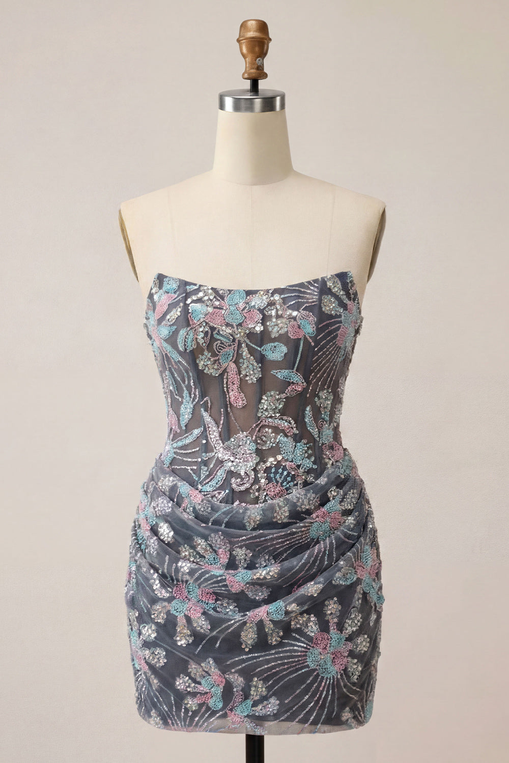 Dark Grey Corset Strapless Floral Sparkly Draped Tight Short Homecoming Dress