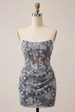 Dark Grey Corset Strapless Floral Sparkly Draped Tight Short Homecoming Dress