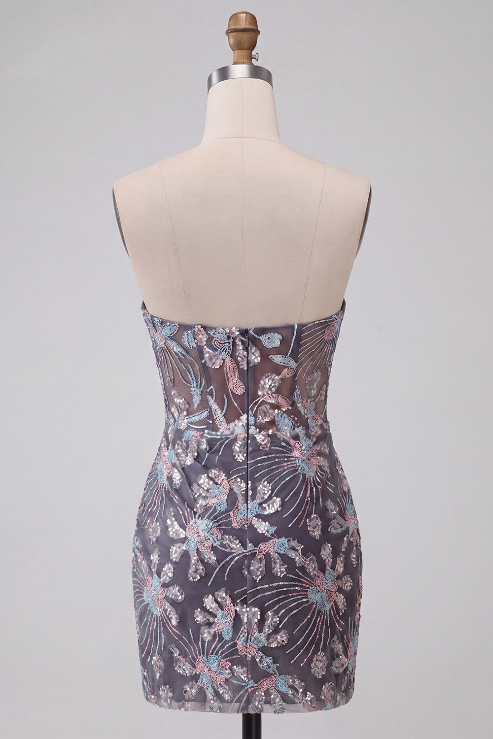 Dark Grey Corset Strapless Floral Sparkly Draped Tight Short Homecoming Dress
