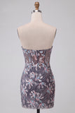 Dark Grey Corset Strapless Floral Sparkly Draped Tight Short Homecoming Dress
