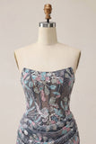Dark Grey Corset Strapless Floral Sparkly Draped Tight Short Homecoming Dress