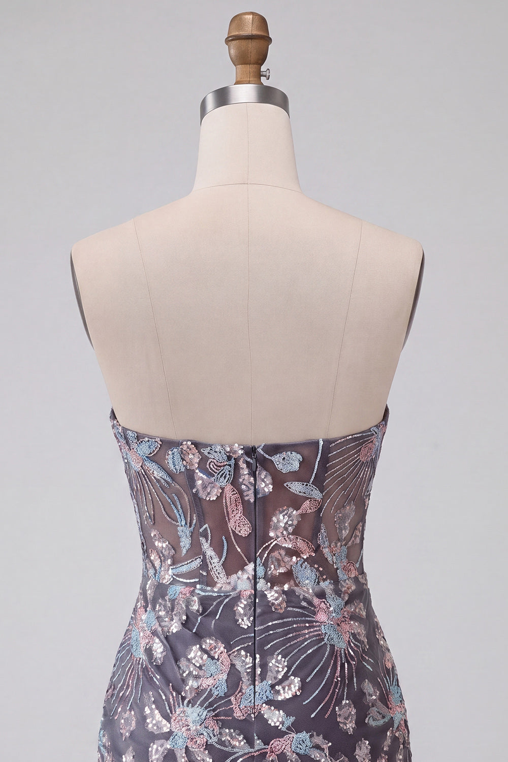 Dark Grey Corset Strapless Floral Sparkly Draped Tight Short Homecoming Dress