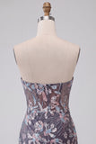 Dark Grey Corset Strapless Floral Sparkly Draped Tight Short Homecoming Dress