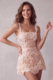 Ivory Sparkly Sequin Floral A Line Short Tight Homecoming Dress