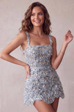 Ivory Sparkly Sequin Floral A Line Short Tight Homecoming Dress