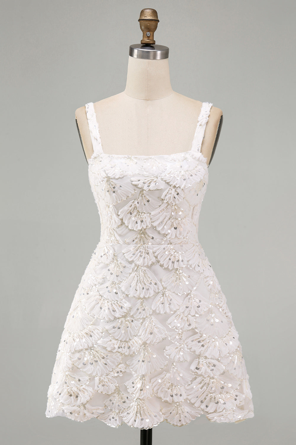 Ivory Sparkly Sequin Floral A Line Short Tight Homecoming Dress