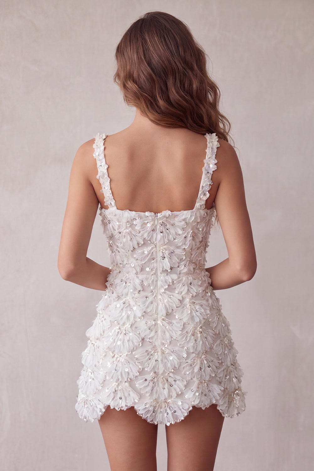 Ivory Sparkly Sequin Floral Tight Short A-Line Homecoming Dress