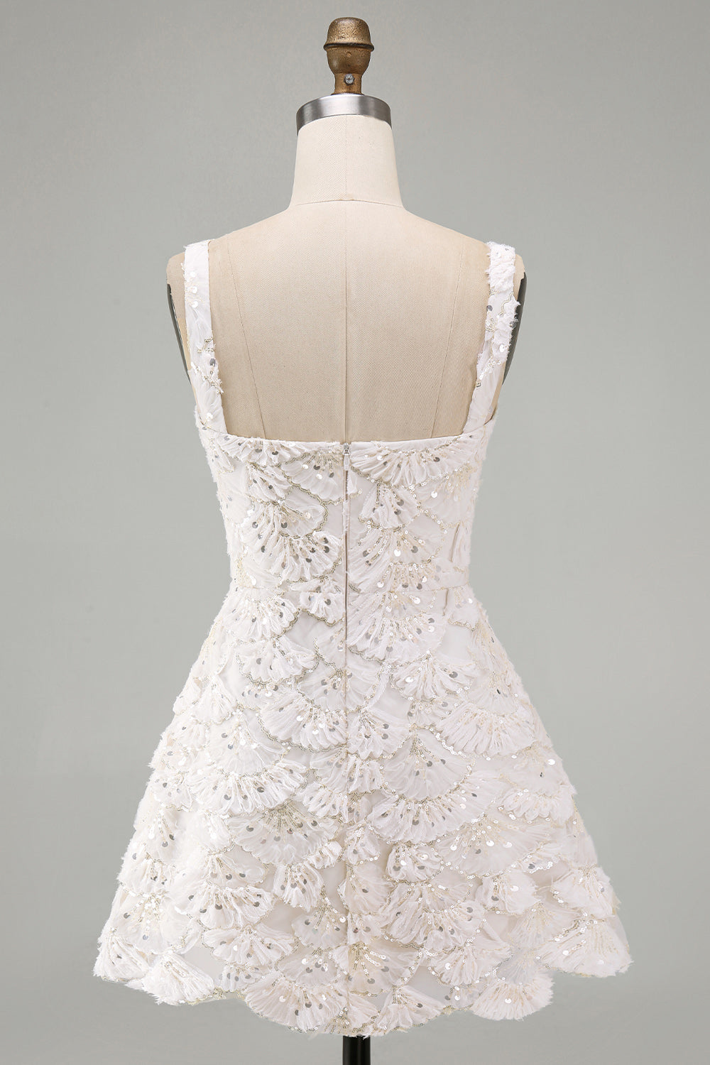 Ivory Sparkly Sequin Floral A Line Short Tight Homecoming Dress