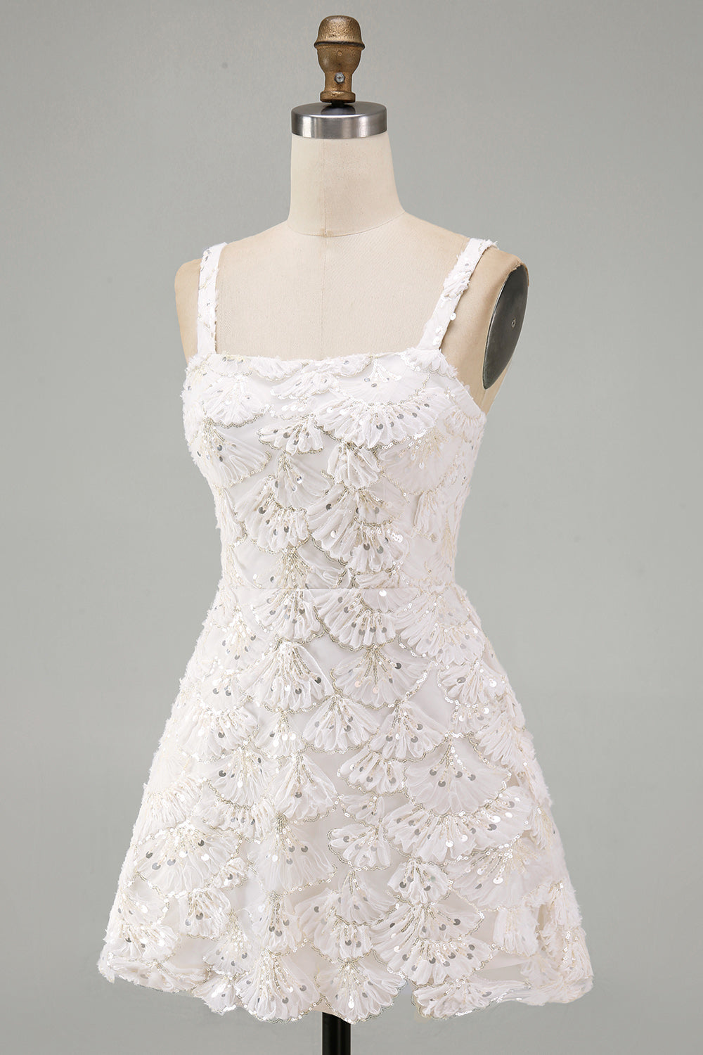 Ivory Sparkly Sequin Floral A Line Short Tight Homecoming Dress