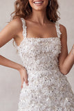 Ivory Sparkly Sequin Floral Tight Short A-Line Homecoming Dress